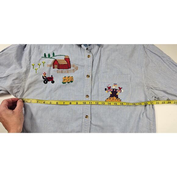 Vintage M embroidered chambray scarecrow farm  long sleeve graphic button up+ - Picture 7 of 7